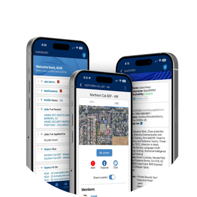 Defenders app on iPhone — dashboard, live team map and guard profile